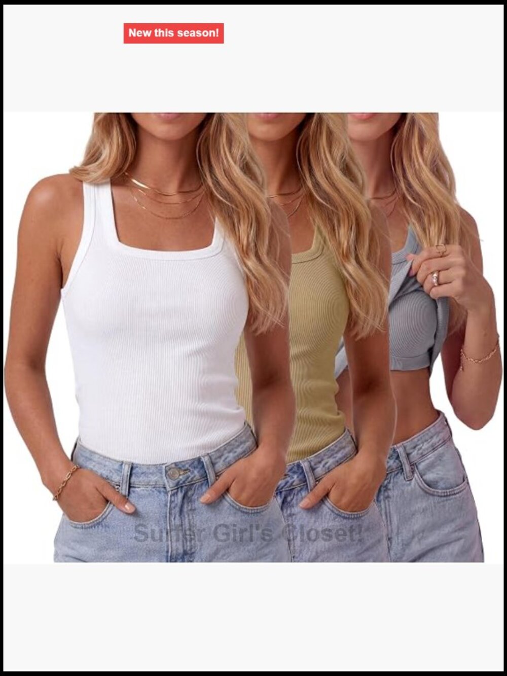3 Pack Square Neck Tank Tops with Built-in Bra Women Sleeveless Ribbed